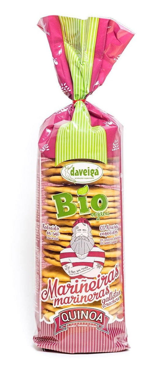Bio Cracker mit Quinoa von DAVEIGA, knuspriger Snack in 180 g Verpackung, zeigt die goldenen Quinoa-Cracker.