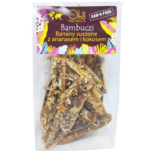 Getrocknete Bananen mit Ananas und Kokos, roh und bio, 50 g, OHO BAMBOO.