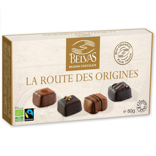 Belgische Pralinen von BELVAS, glutenfrei, fair gehandelt, BIO, in einer bunten Pralinenschachtel, 80 g.