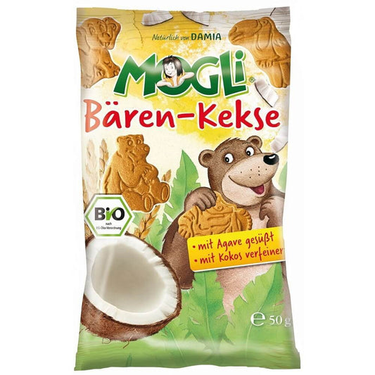 BIO Kokosplätzchen von MOGLI, 50 g, frisch gebackene Kokos-Süßigkeiten auf einem Teller sichtbar.
