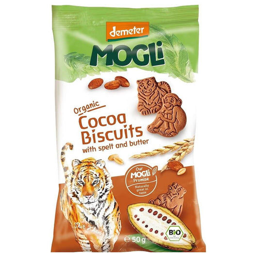 BIO-Kakaokekse von MOGLI, 50 g, knusprige Schokoladenkekse mit Bio-Kakao, auf einem Teller präsentiert