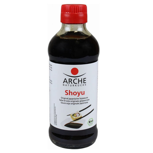Bio-Shoyu-Sauce von ARCHE in 250 ml Flasche, dunkle Sojasauce mit natürlicher Farbe und aromatischem Geschmack.