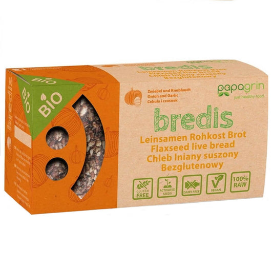 Getrocknetes glutenfreies Leinbrot mit Zwiebeln und Knoblauch von PAPAGRIN, Bio, 70 g, Nahaufnahme des knusprigen Brotes