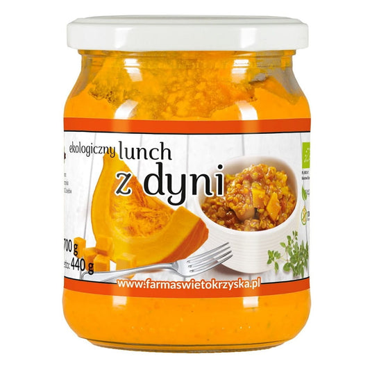 Bio-Kürbis-Mittagessen von FARMA ŚWIĘTOKRZYSKA, 440 g, cremiges Kürbisgericht in einer Packung.