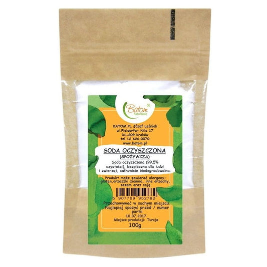 Backpulver von BATOM in 100 g Packung, feines Pulver in einer weißen Verpackung, ideal zum Backen und Kochen.