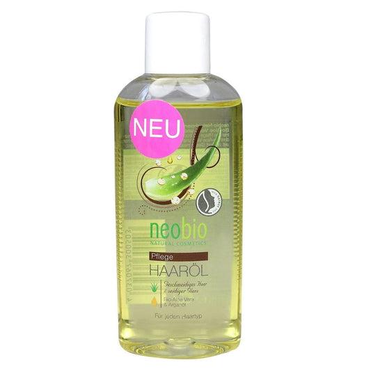 Haaröl mit Aloe und Arganöl von NEOBIO, 75 ml Flasche, zeigt das Produkt in einer stilvollen Verpackung.