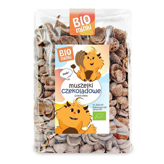 BIO-Schokoladenschalen von BIOMINKI, 250 g, dunkle, knackige Schokoladeschalen in einer Schüssel.