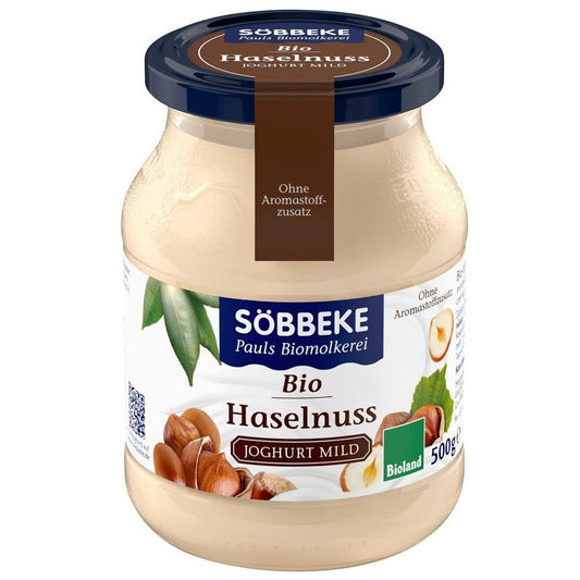 Glas Haselnussjoghurt 38% BIO von SOBBEKE, 500 g, cremige Nussjoghurt mit Haselnussgeschmack, sichtbares Glas und Joghurt.