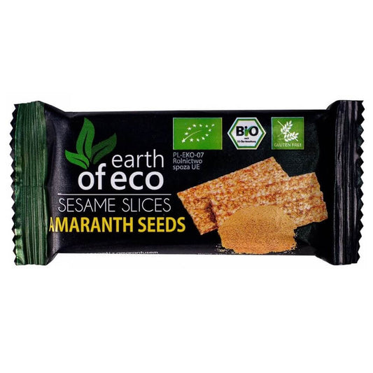 Bio glutenfreier Sesam mit Amaranth von EARTH OF ECO, 18 g, in einer offenen Verpackung auf weißem Hintergrund