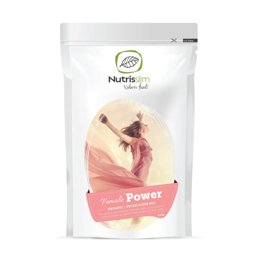 Frauenpower BIO Supermix von NUTRISLIM in 125g Packung mit bunten Nüssen und Trockenfrüchten auf weißem Hintergrund