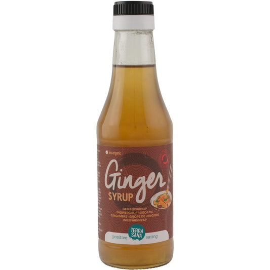 Bio-Ingwersirup von TERRASANA in 250 ml Flasche, frisch und aromatisch, ideal für Getränke und Desserts.