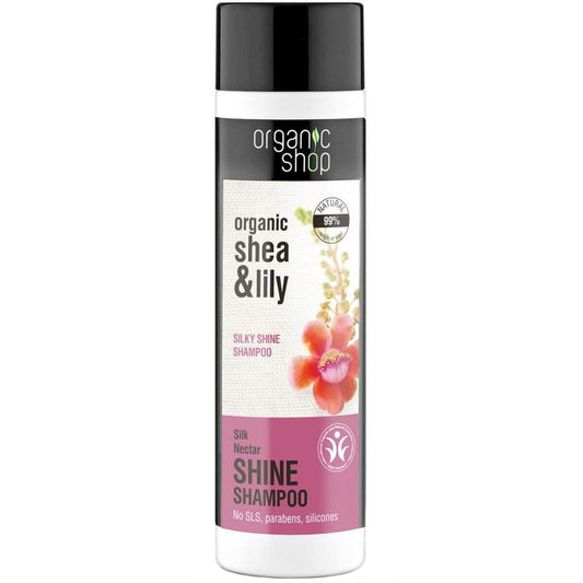Haarspülung Seidennektar von ORGANIC SHOP für seidigen Glanz, 280 ml, cremige Textur, zeigt die Flasche und Produktbeschreibung