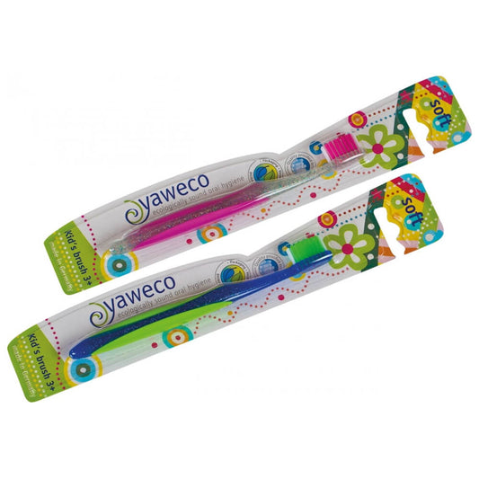 Weiche Nylonzahnbürste für Kinder von YAWECO, mit bunten Borsten und kindgerechtem Griff für sanfte Zahnreinigung.