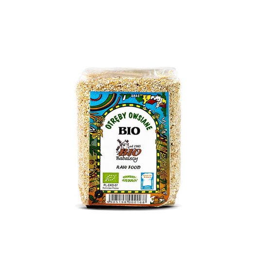 Bio-Haferkleie von BABALSCY, 250 g, feine Haferkleie in einer transparenten Verpackung.