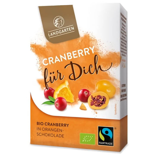 Getrocknete Cranberries in weißer Schokolade mit Orangengeschmack, glutenfrei, BIO, LANDGARTEN, 90 g