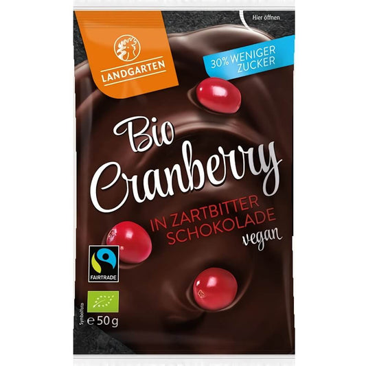 Getrocknete, gesüßte Cranberries in Zartbitterschokolade von LANDGARTEN, glutenfrei, BIO, 50 g.