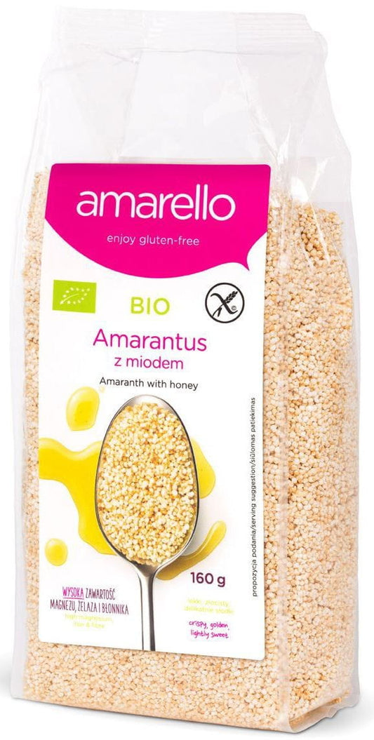 Bio glutenfreier Amaranth mit Honig von Amarello, 160 g, zeigt die packung mit Amaranth und Honig auf weißem Hintergrund