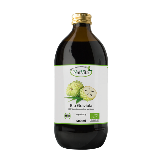 Bio Graviola Saft von NATVITA, 500 ml Flasche, zeigt die grüne Frucht und die naturbelassene Flüssigkeit in der Flasche