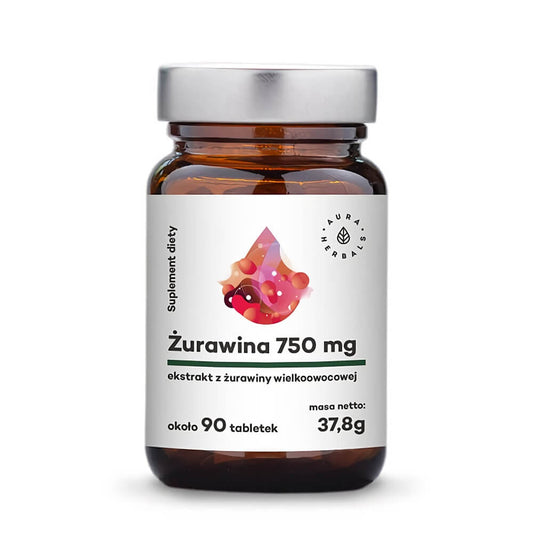 Große Packung AURA HERBALS Cranberry-Extrakt 750 mg, 90 Tabletten, sichtbare Box mit Cranberry-Tabletten