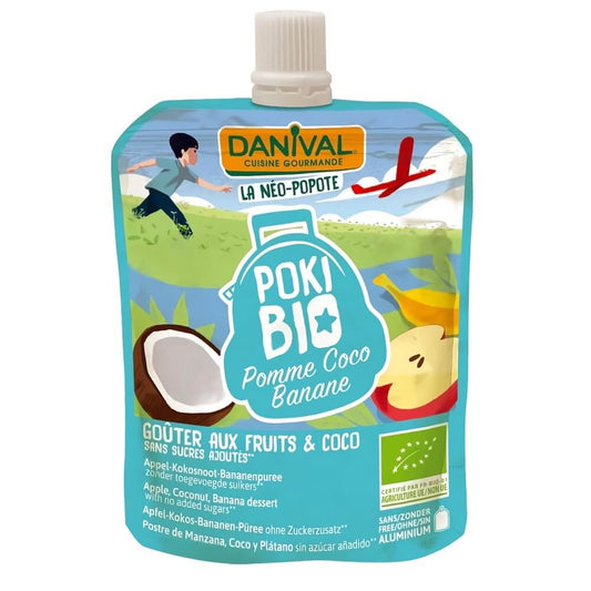 Biologisches Apfel-Kokos-Bananenpüree von DANIVAL, 100% Frucht ohne Zuckerzusatz, in 90 g Packung.