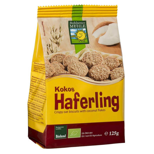 Bio Haferflocken-Kokos-Kekse von BOHLSENER MÜHLE, 125 g, frisch gebackene Kekse mit Haferflocken und Kokosnuss.