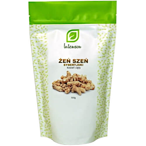 Geschnittener sibirischer Ginseng Wurzeltee in 100g Packung, sichtbar in der Verpackung, von INTENSON EUROPE.