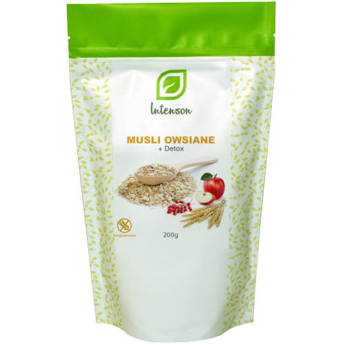 Glutenfreies Müsli und Detox-Mischung von INTENSON EUROPE, 200g, mit Hafer, Nüssen und getrockneten Früchten.