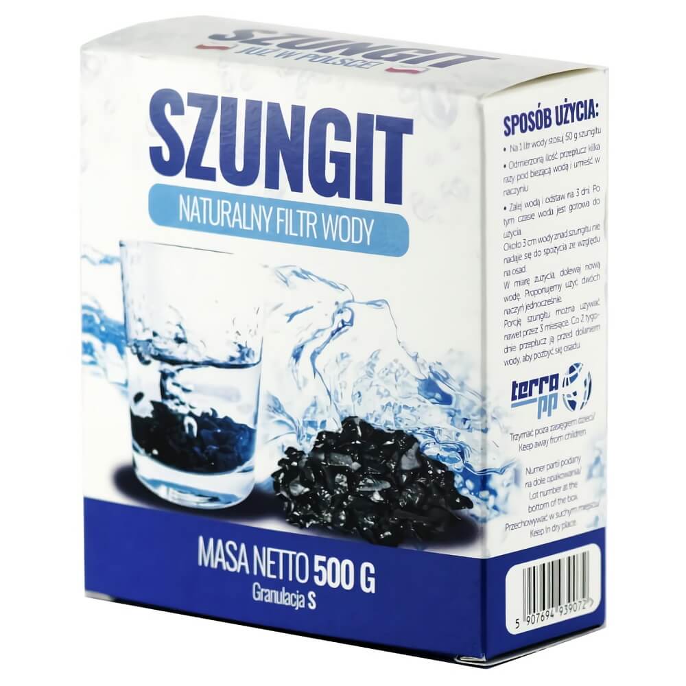 Naturwasserfilter mit Schungit-Körnung S, 500g, von TERRA P.P., zeigt die schwarze Körnung im Behälter