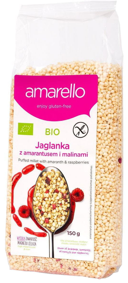 Bio Hirse mit Amaranth und Himbeeren, glutenfrei, 150 g, von AMARELLO, zeigt die bunten Körner und frische Himbeeren.
