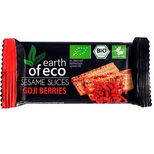 Bio Goji-Beeren glutenfrei von EARTH OF ECO, 18 g, getrocknete rote Beeren in einer transparenten Packung.