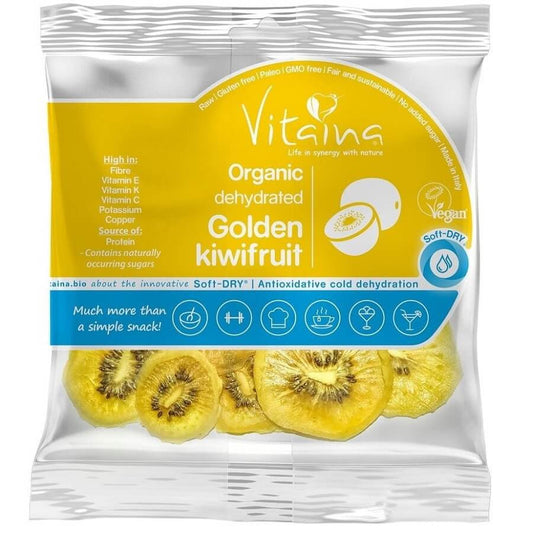 Gelbe getrocknete Bio-Kiwi von VITAINA, glutenfrei, roh, 28 g, frische und natürliche Fruchtstückchen.