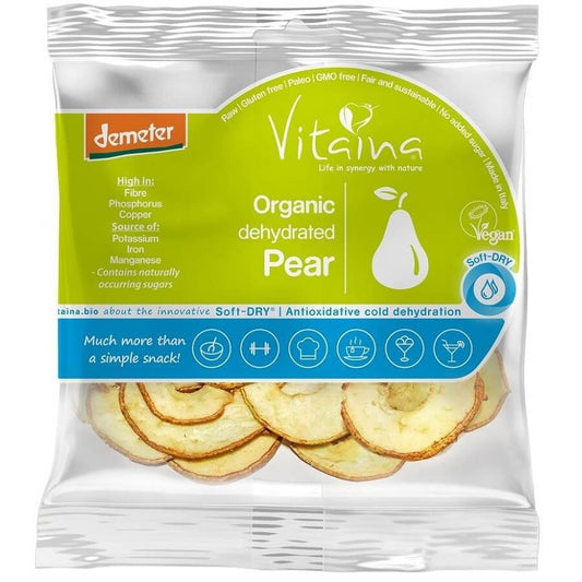 Getrocknete rohe Birnen glutenfrei und bio von VITAINA, 28 g, Fruchtstücken in natürlicher Textur.