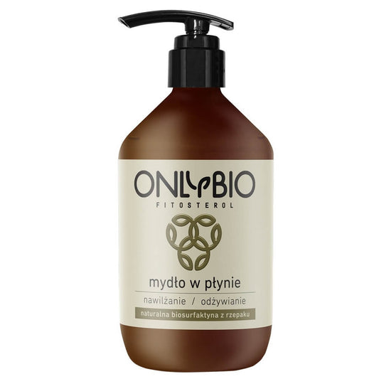 Flüssigseife von biogo, 500 ml, feuchtigkeitsspendend und pflegend, zeigt die Seifenflasche mit grünem Etikett und Pumpverschluss