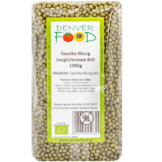 Glutenfreie Bio-Mungobohnen von DENVER FOOD in 1000g Packung, frische und gesunde Hülsenfrüchte.