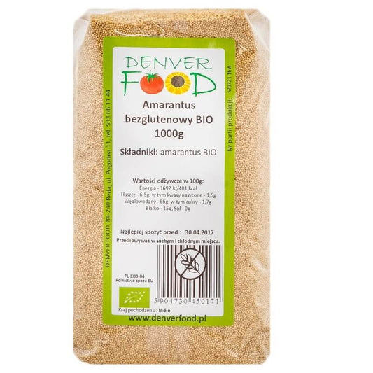 Bio glutenfreier Amaranth von DENVER FOOD in 1000g Packung, ungekocht, goldgelbe Samen auf weißem Hintergrund