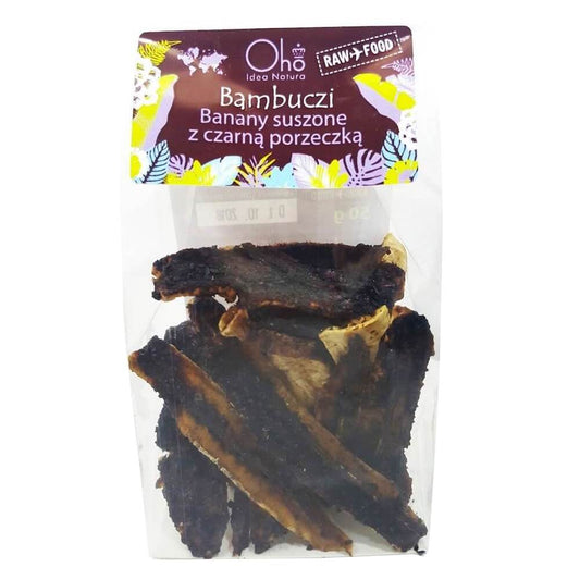 Getrocknete Bananen mit schwarzer Johannisbeere, roh, BIO, 50 g, von OHO BAMBUCZI, in einer offenen Packung.