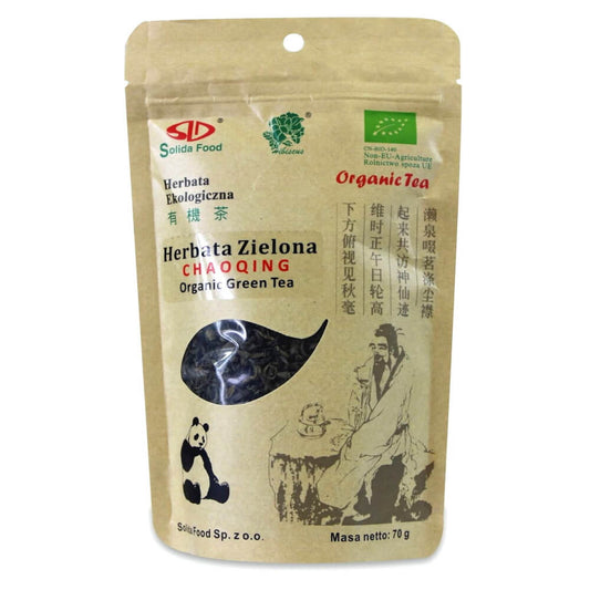Bio grüner Chaoqing-Tee von SOLIDA FOOD, 70 g, trockene Teeblätter in einer transparenten Verpackung sichtbar