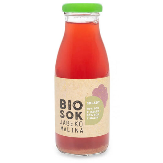 BIO Apfel- und Himbeersaft von OWOCOWE SMAKI, 250 ml Flasche mit frisch aussehenden Äpfeln und Himbeeren.
