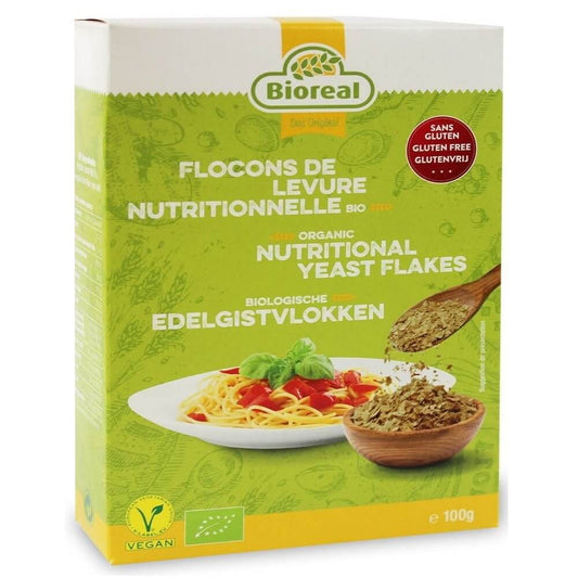 Inaktive, glutenfreie Bio-Hefeflocken von BIOREAL, 100 g, getrocknet und goldgelb, ideal für vegane Gerichte und Ernährung
