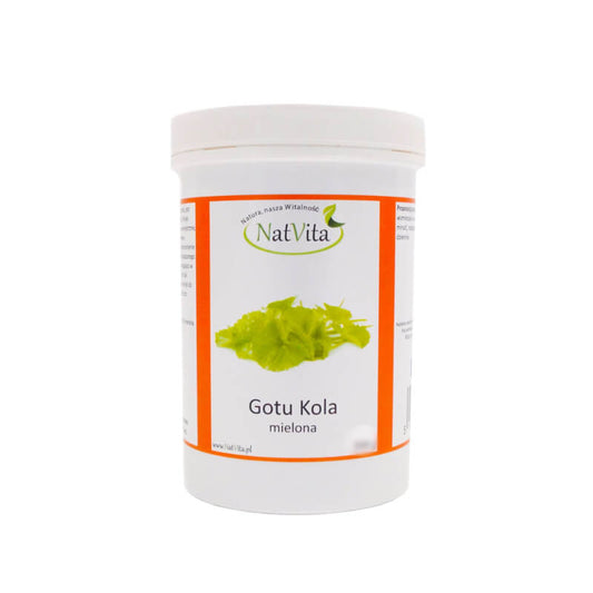 Gemahlenes asiatisches Gotu Kola von NATVITA, 100g, als Nahrungsergänzungsmittel in einem Glas.