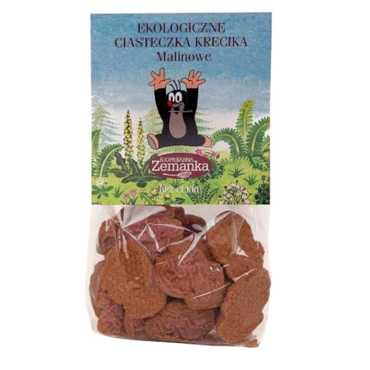 Himbeer-Maulwurfskekse BIO von ZEMANKA, 100 g, frisch gebackene Kekse mit Himbeergeschmack auf einem weißen Teller.