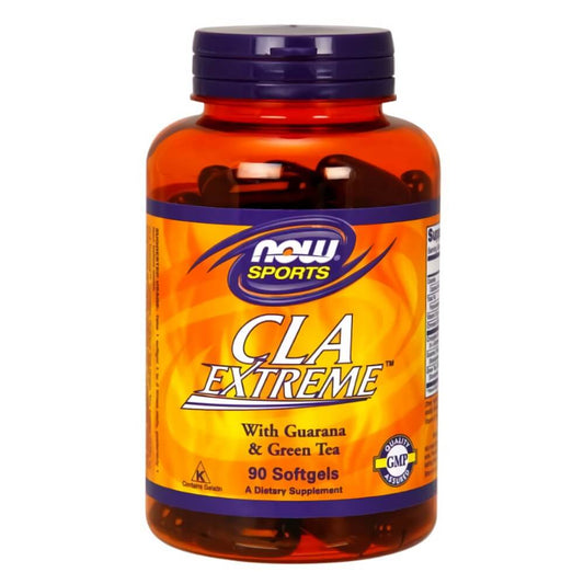 Nahrungsergänzungsmittel CLA Extreme mit Guarana 800 mg in 90 Kapseln von NOW FOODS, Flasche mit Kapseln vor weißem Hintergrund