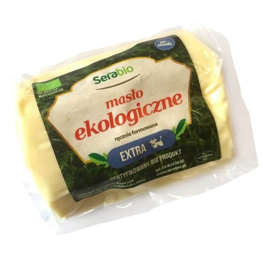 Bio-Butter von SERABIO in 200 g Verpackung, cremige Textur, frische Bio-Qualität, ideal für Brot und Backwaren.