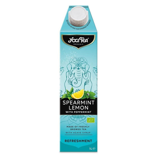 Erfrischungsgetränk Minzgrün mit Zitrone, Bio, in 1000 ml Flasche von YOGI TEA, zeigt die Flasche mit grüner Minze und Zitronenscheiben