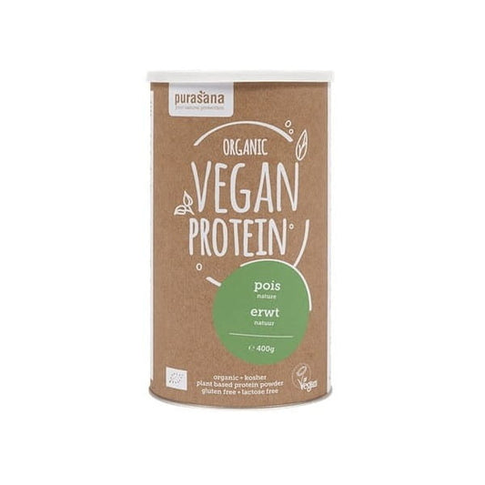 Laktosefreies, glutenfreies BIO Erbsenproteinisolat von PURASANA, 400 g, in einer offenen Packung.