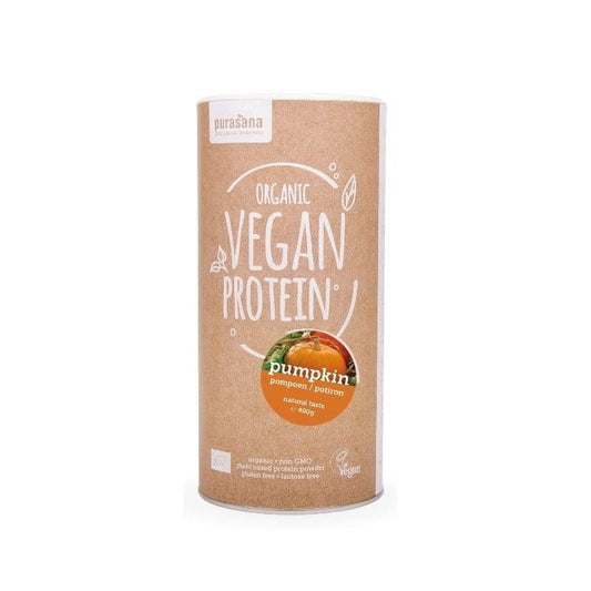 Laktosefreies Kürbisprotein von PURASANA, glutenfrei, BIO, 400 g, zeigt das Pulver in einer Packung auf weißem Hintergrund