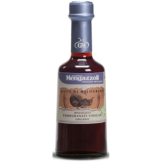 Bio-Granatapfelessig von Mengazzoli in 250 ml Flasche, naturbelassener Essig mit fruchtigem Granatapfelaroma.