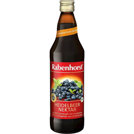 Bio-Heidelbeernektar von RABENHORST in 750 ml Flasche, zeigt die dunkle Flüssigkeit mit frischen Heidelbeeren.