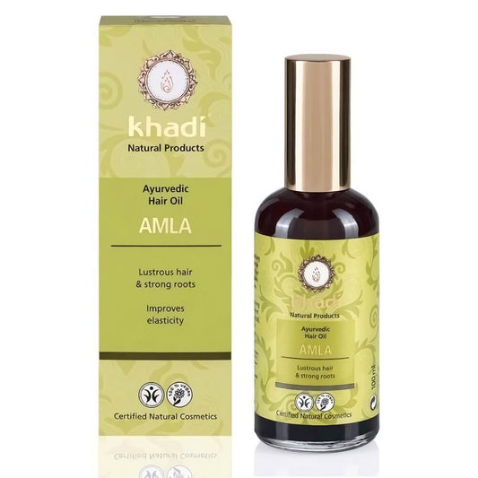 Biogo Amla Haaröl in 100 ml Flasche, zeigt das goldene Öl für gesundes, glänzendes Haar von KHADI.