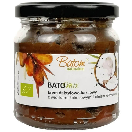 Bio Dattel- und Kakaocreme mit Kokosraspeln von BATOM, 200 g, cremige Süßigkeit mit Kokosstücken, ideal für Brot oder Desserts